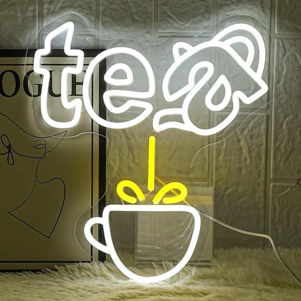 New Tea Neon Sign, White Teapot LED Light for Kitchen, Café, Bar & Wall Decor
